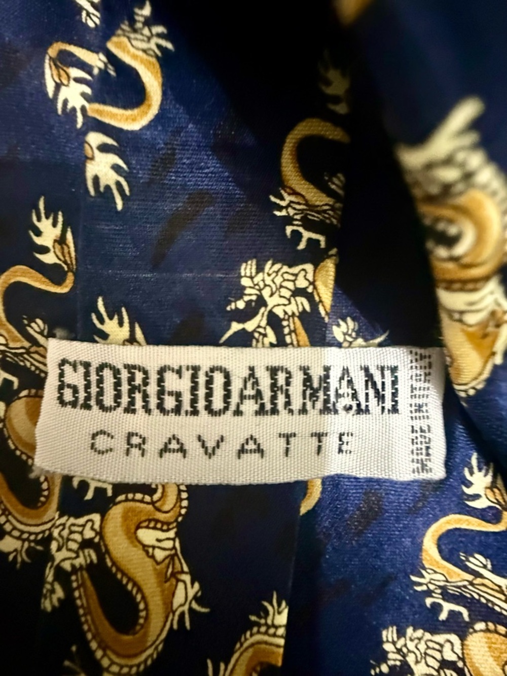 Vintage 90s Giorgio Armani Cravatte Silk Tie Golden Dragon Motif Italy